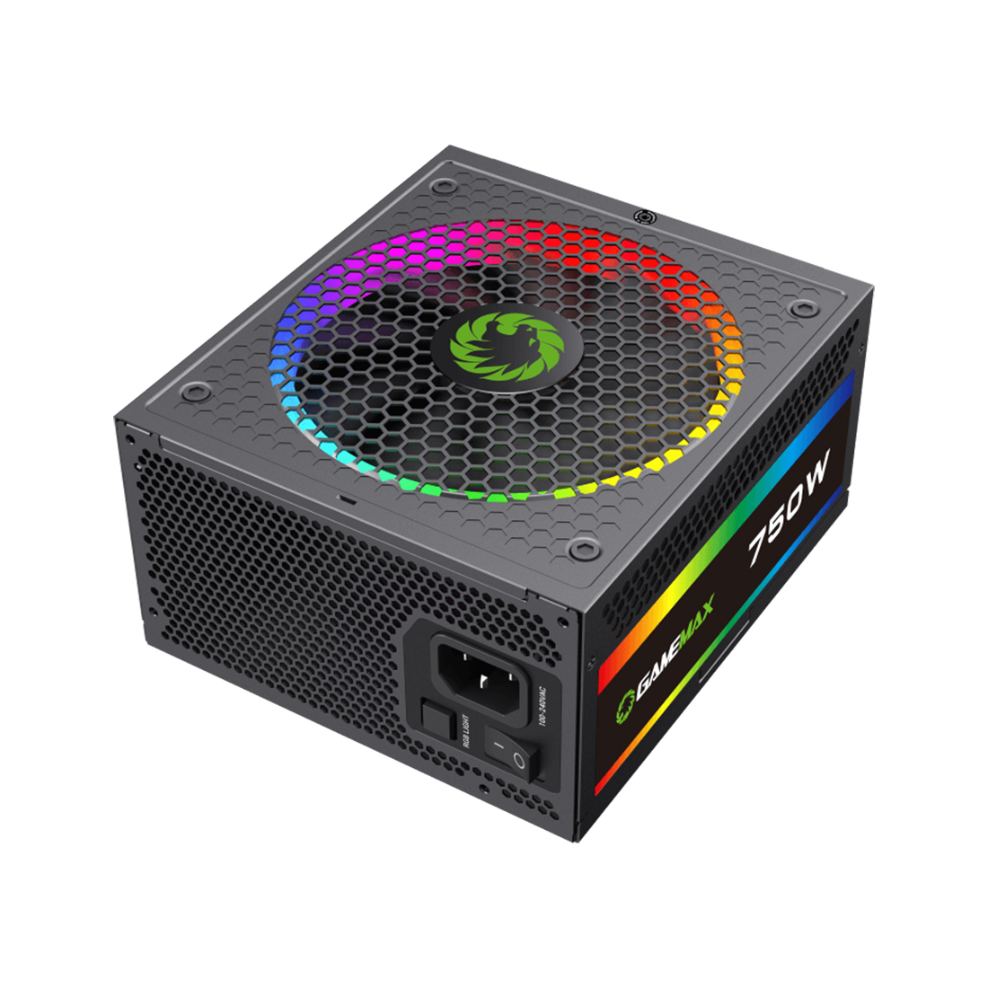 Блок питания, Gamemax, RGB750 PRO Gold, 213610500002, 750W, ATX, Gold, APFC, 20+4 pin, 2*4+4pin, 8*Sata, 3*Molex, 1*FDD, 3*PCI-E 6+2 pin, Modular, Вентилятор 14 см, Подсветка RGB, Чёрный