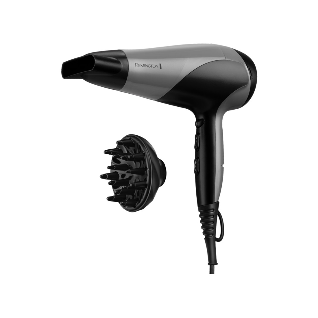 Фен, Remington, D3190S,DC мотор, 2 скорости, 3 температурных режима, Турмалиновая ионизация, Петля для подвешивания, 2 насадки в комплекте, Защита от перегрева, Длина шнура электропитания 1.8м, Мощность 2200 Вт, Черный/серый