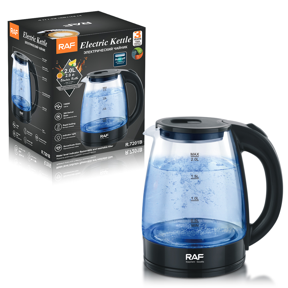 RAF R.7201 Household Electric Kettle Glass Water Kettle Portable Easy Clean Auto Shut Off Black Pots