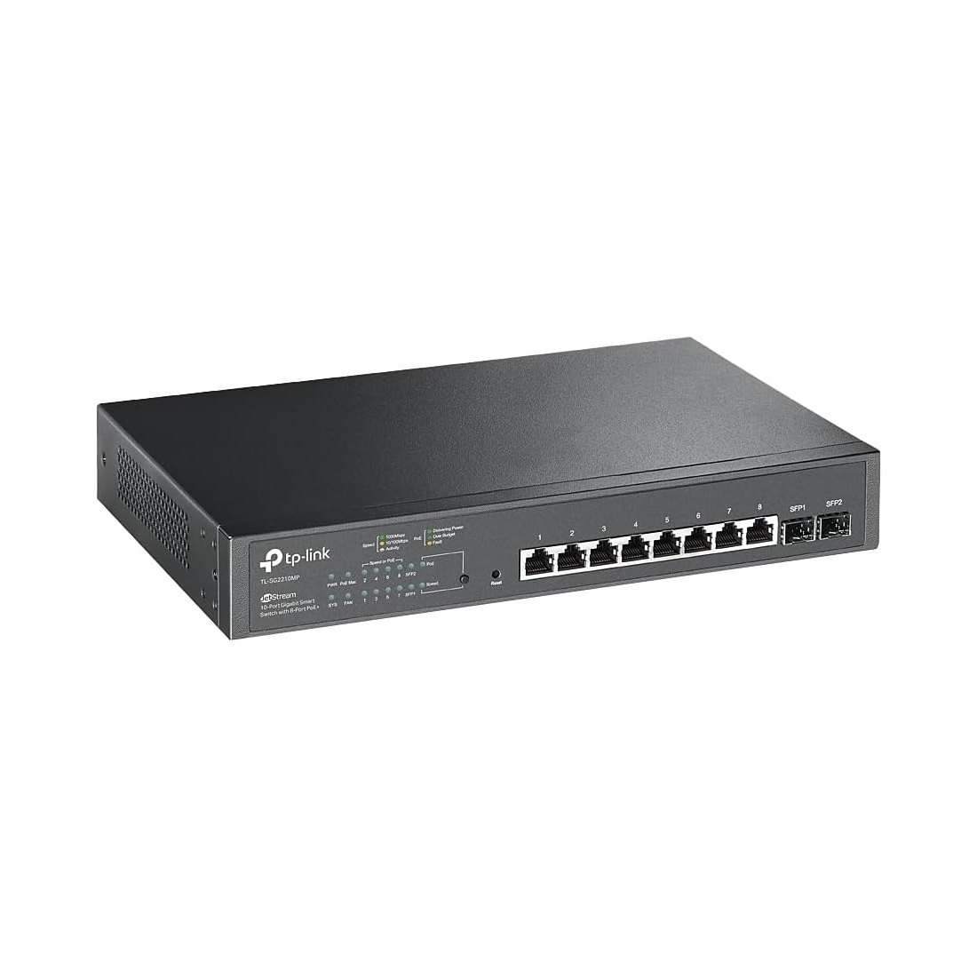 Коммутатор, TP-Link, SG2210MP, 8 портов 10/100/1000 Мбит/с (RJ45) с поддержкой PoE+ , 2 гигабитных слота SFP (150 Вт), Управляемый