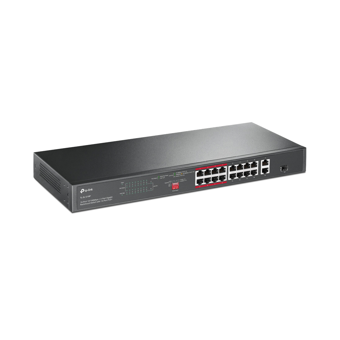 Коммутатор, TP-Link, TL-SL1218P, 16 портов RJ45 10/100 Мбит/с PoE+, 2 гигабитных порта RJ45 и 1 гигабитный комбо SFP-слот, РоЕ (150Вт), Неуправляемый