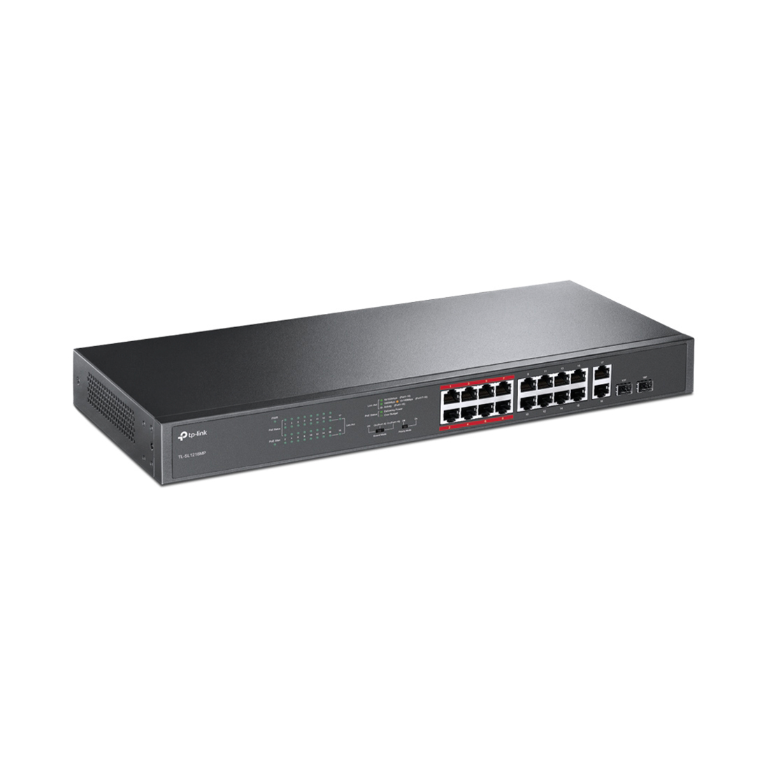 Коммутатор, TP-Link, TL-SL1218MP, Неуправляемый коммутатор PoE+ на 16 портов 10/100 Мбит/с и 2*RJ45 и 2*SFPслота Combo, РоЕ 250 Вт
