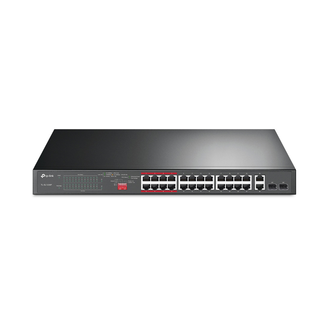 Коммутатор, TP-Link, TL-SL1226P, 24-портовый неуправляемый 10/100 Мбит/с PoE+ коммутатор с 2 гигабитными Combo-портами RJ45/SFP (PoE бюджет 250 Вт)