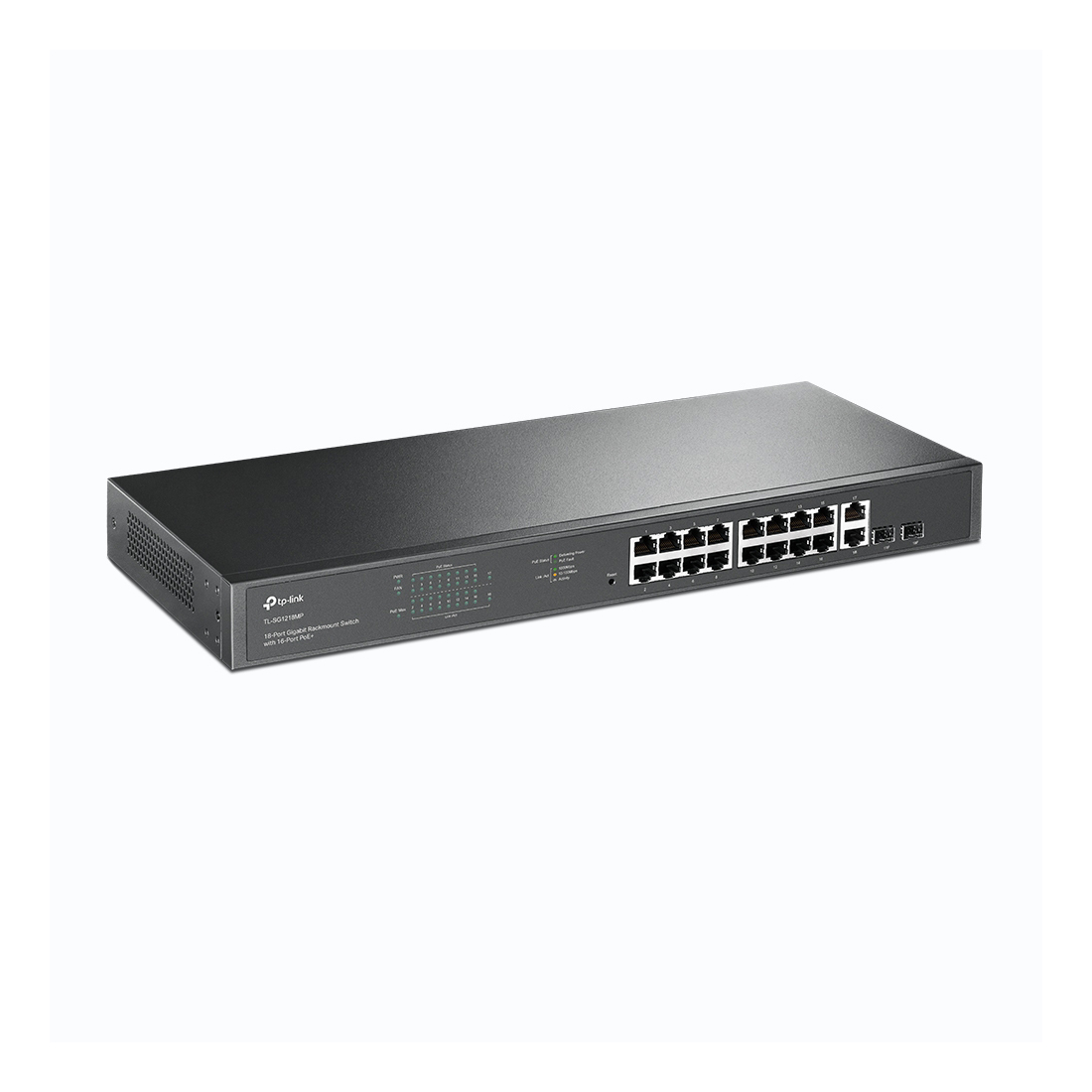 Коммутатор, TP-Link, TL-SG1218MP, Неуправляемый, 16 гигабитных PoE+ портов RJ45, 2 гигабитных порта RJ45 без PoE, 2 гигабитных комбо SFPслота,PoE 250 Вт