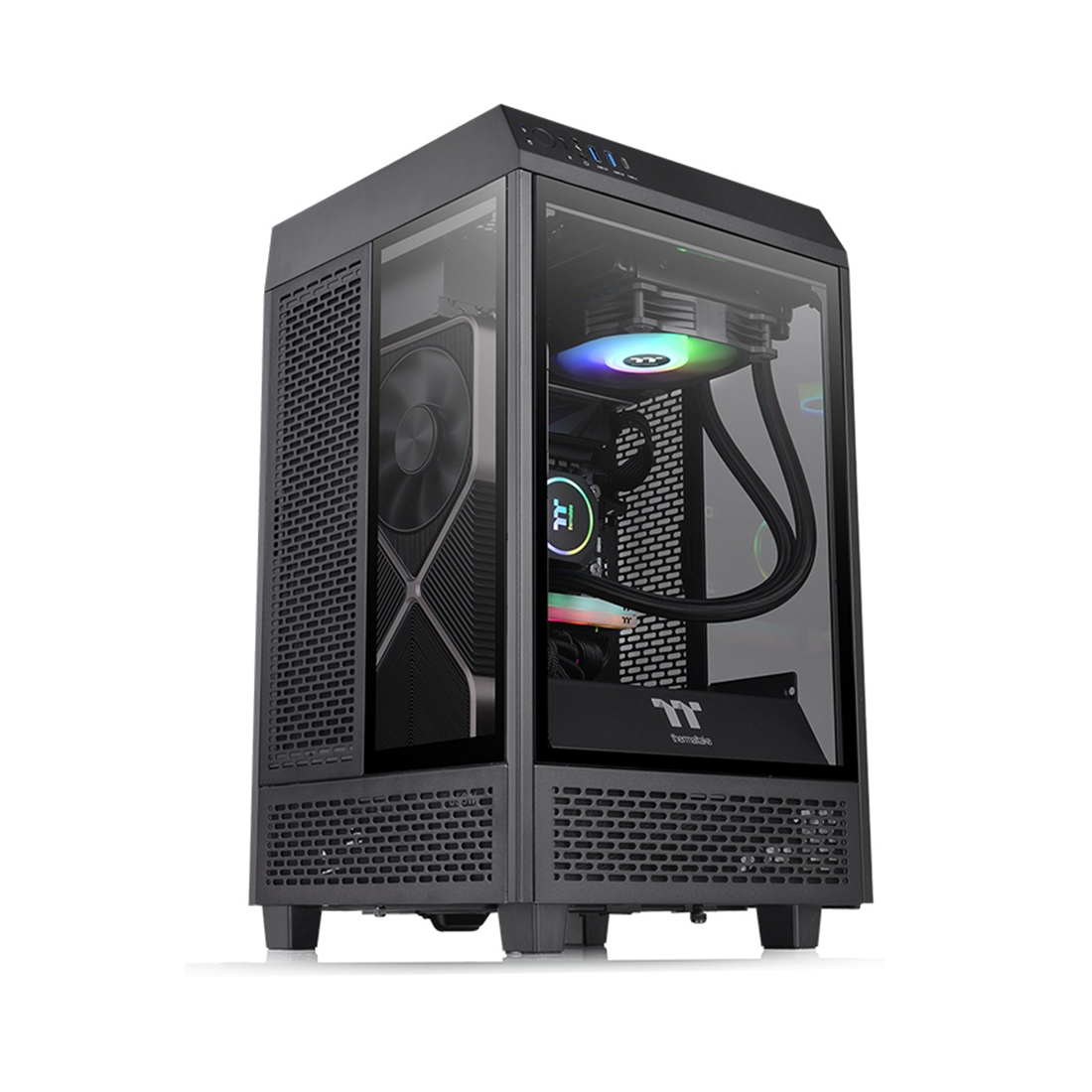 Компьютерный корпус, Thermaltake, The Tower 100, CA-1R3-00S1WN-00, Mini Tower, Mini-ITX, USB 3.2 (Gen 2) Type-C*1, USB 3.0*2, 2*120 мм, Максимальная длина видеокарты 330мм, Максимальная высота процессорного кулера 190мм, 2*2,5"/2*3,5", Сталь, Закаленное стекло*3, 462.8*266*266мм, Без Б/П, Чёрный