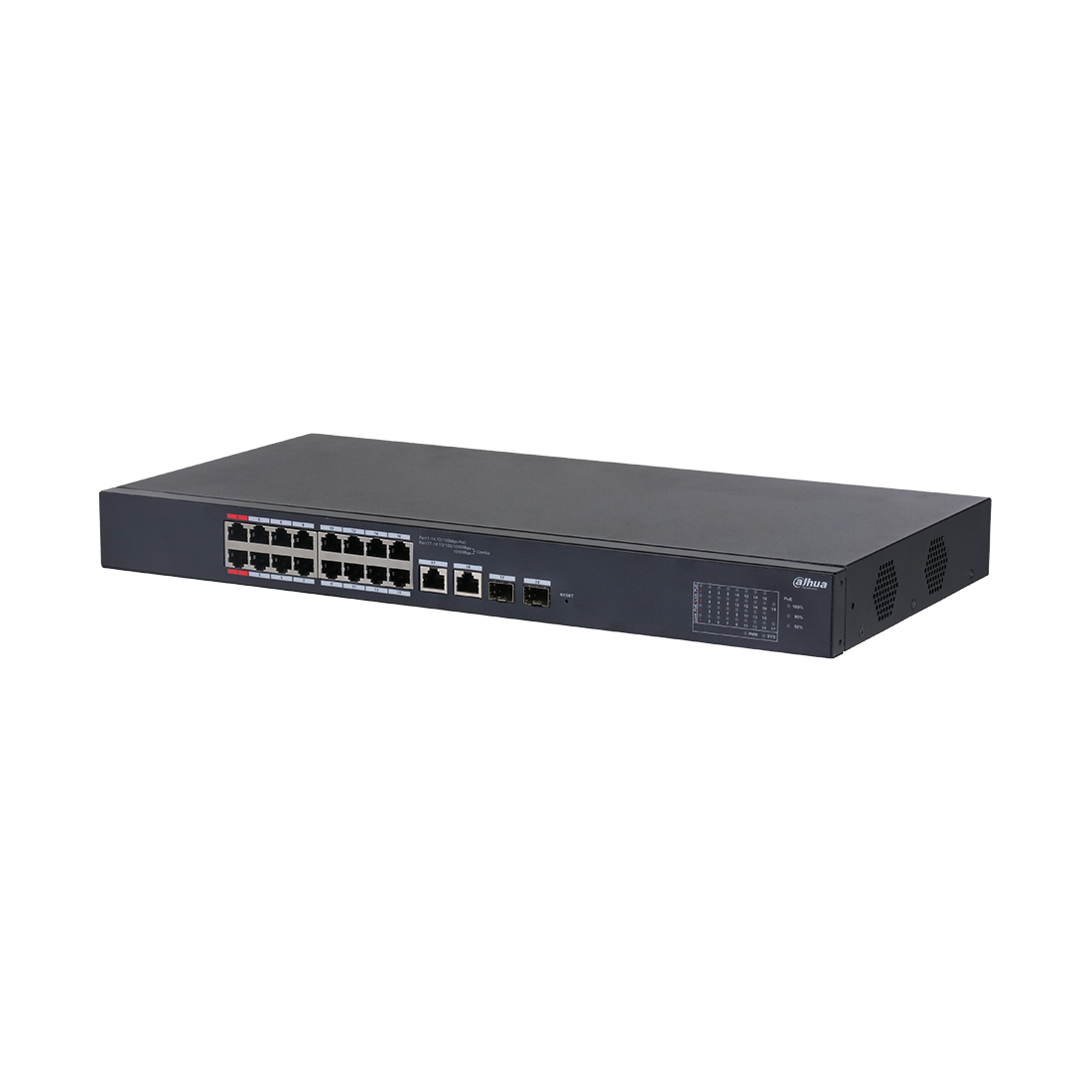 Коммутатор, Dahua, DH-CS4218-16ET-240, Управляемый L2, 16 RJ-45 10/100 Mbps (PoE).total 240 W, 2 RJ-45 10/100/1000 Mbps (combo). 2 SFP 1000 Mbps (combo)