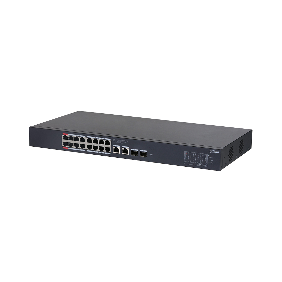 Коммутатор, Dahua, DH-CS4220-16GT-240, Управляемый, 16 портов 10/100/1000M (PoE 802.3af/at/Hi-PoE,240W), 2 порта 10/100/1000M RJ-45, 2 порта 10/100/1000M SFP