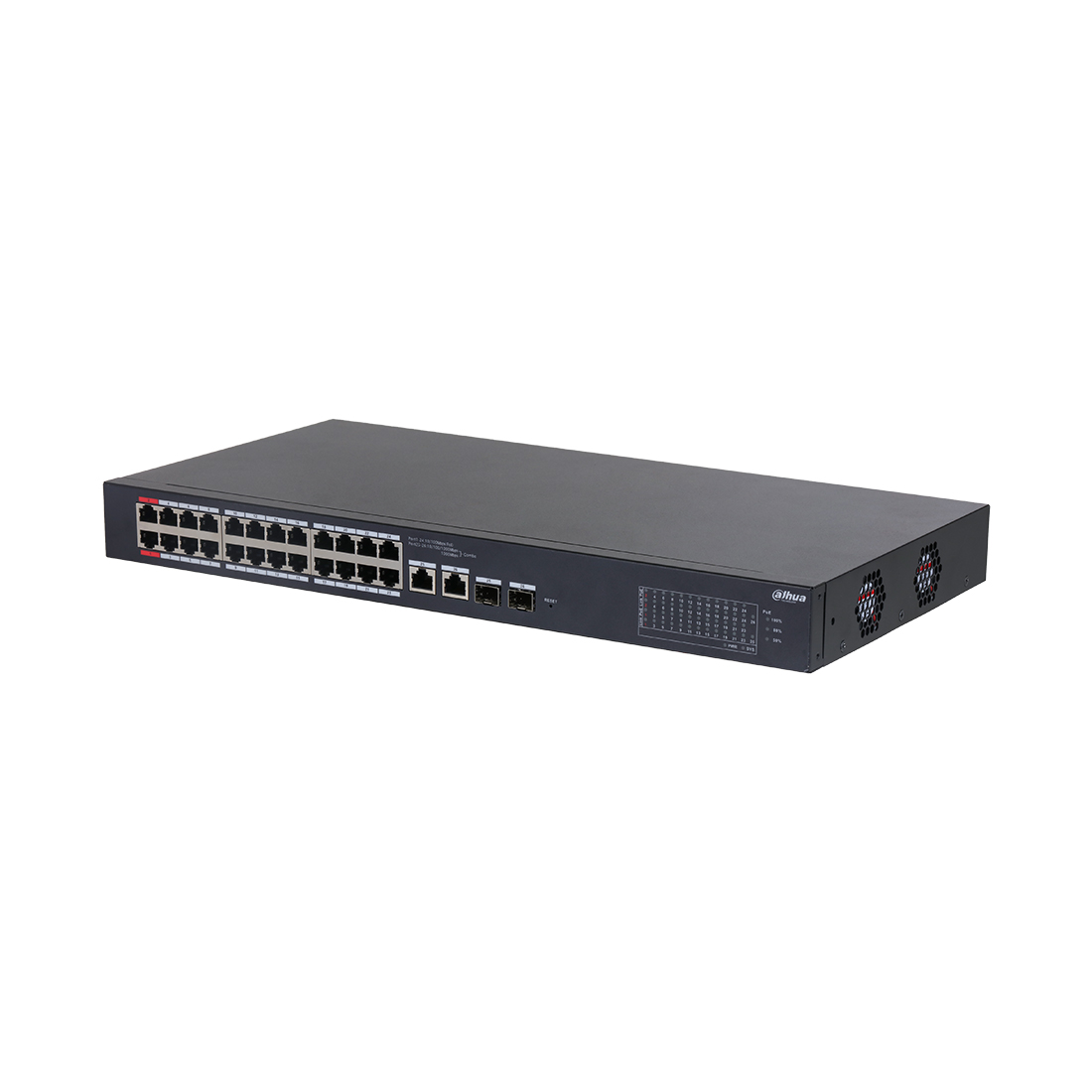 Коммутатор, Dahua, DH-CS4226-24ET-375, Управляемый L2, 24  RJ-45 10/100 Mbps (PoE).total  375 W, 2  RJ-45 10/100/1000 Mbps (combo). 2  SFP 1000 Mbps (combo)