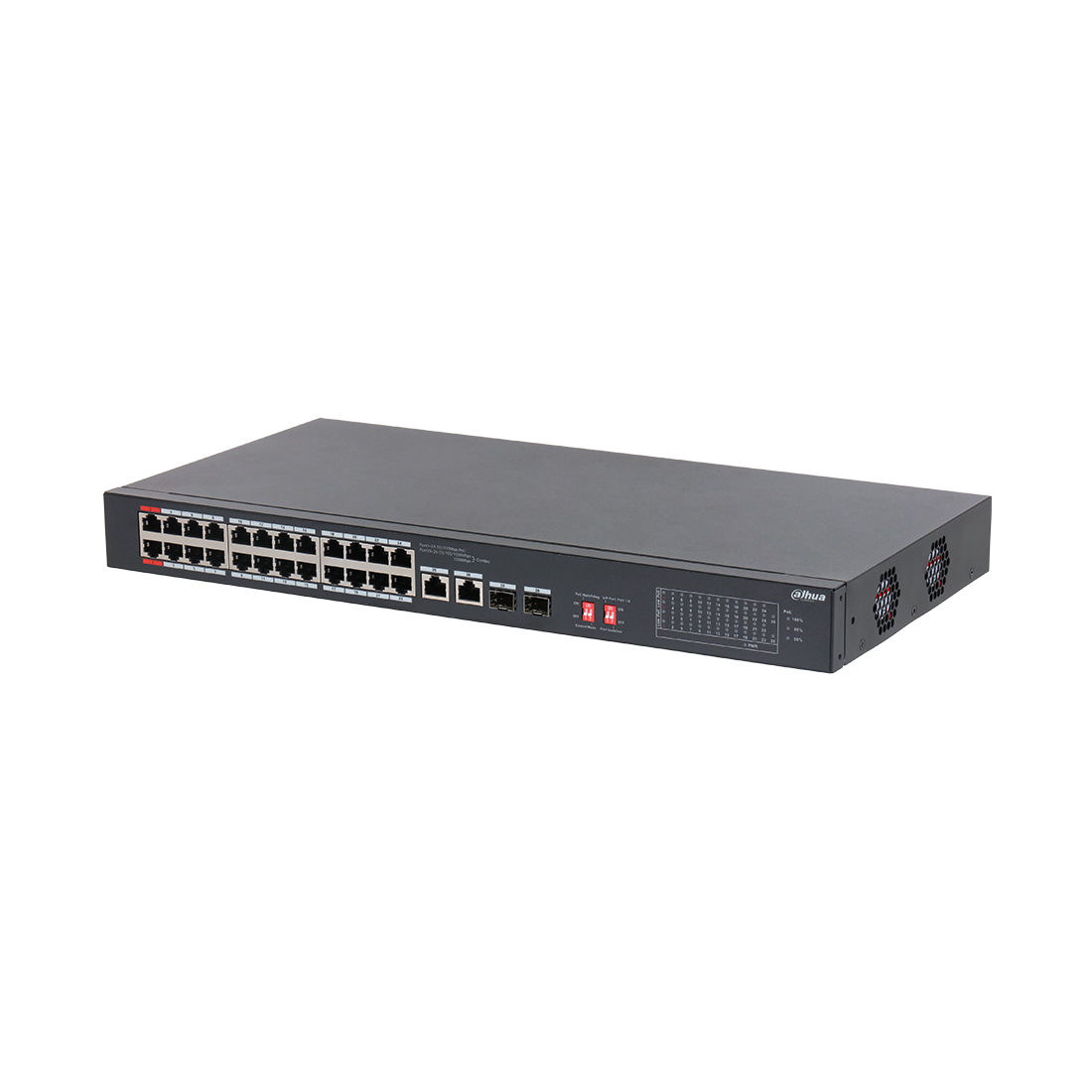 Коммутатор, Dahua, DH-S3226-24ET-240, Неуправляемый, 24 порта 10/100M, 2 комбо порта SFP/RJ-45(1000 Мбит/с), PoE Стандарт IEEE802.3af/at/bt, Hi-PoE, PoE бюджет  240 Вт