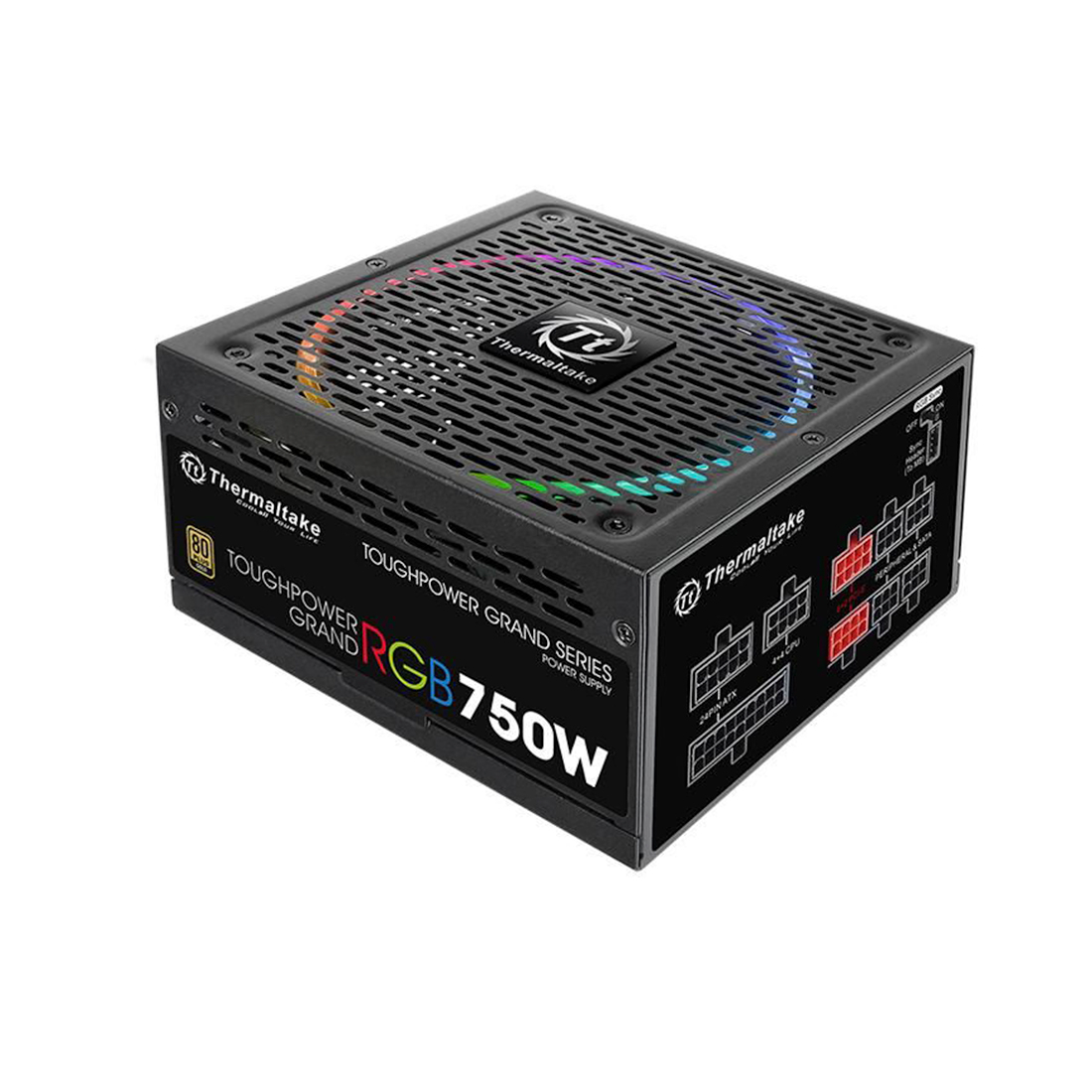 Блок питания, Thermaltake, Toughpower Grand RGB Sync Edition 750W, PS-TPG-0750FPCGEU-S, 750W, ATX, Gold, APFC, 20+4 pin, 2*4+4pin, 12*Sata, 4*Molex, 6*PCI-E 6+2 pin, FDD, RGB sync cable, Modular, Вентилятор RGB 14 см, Чёрный