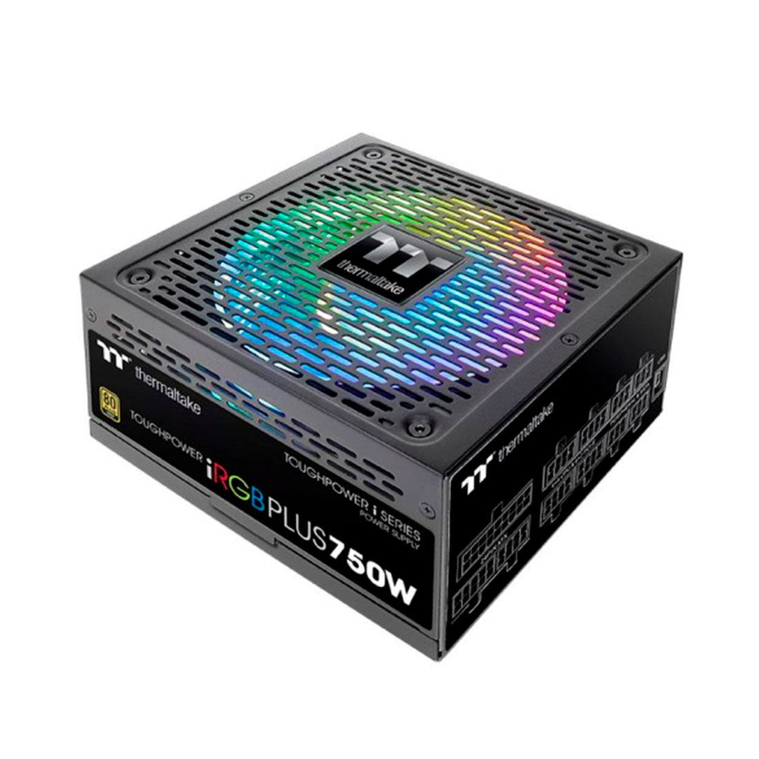 Блок питания, Thermaltake, Toughpower iRGB 750W, PS-TPI-0750F3FDGE-1, 750W, ATX, Gold, APFC, 20+4 pin, 4+4pin, 9*Sata, 4*Molex, 4*PCI-E 6+2 pin, FDD, Modular, Вентилятор RGB 14 см, 150х86х160мм, Чёрный