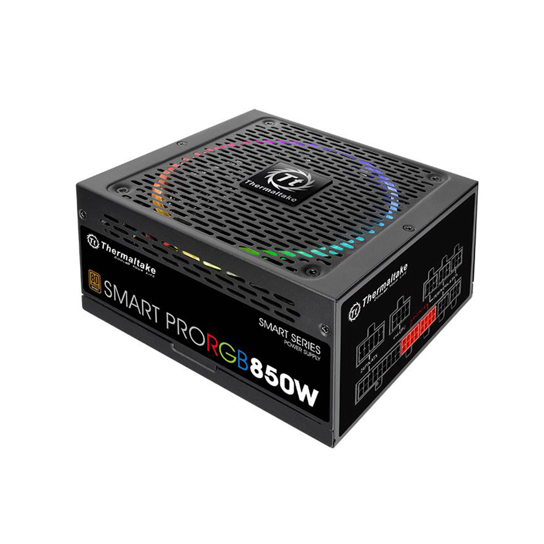 Блок питания, Thermaltake, Smart Pro RGB 850W, PS-SPR-0850FPCBEU-R, 850W, ATX, Bronze, APFC, 20+4 pin, 4+4pin, 9*Sata, 6*Molex, 4*PCI-E 6+2 pin, FDD, Modular, Вентилятор RGB 14 см, Чёрный