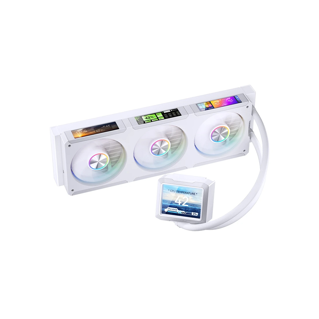 Кулер с водяным охлаждением, Jonsbo, TF3-360SCW White, TF3-360SCW White, intel 1151/1200/1700/1851 и amd AM4/AM5, TDP 325W, 3*120 мм, 700-2400 об/мин, 21.46-62.40CFM, 21.3-37.3dBA, Белый