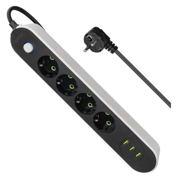 Удлинитель Defender без заземления R210 3 м, 4 розетки, 3xUSB, черный