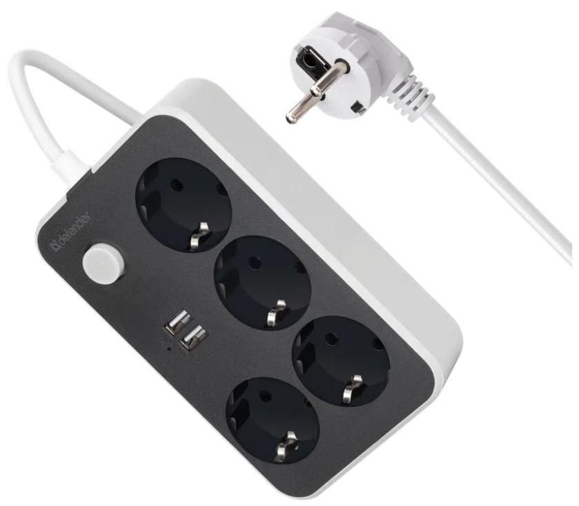 Удлинитель Defender без заземления R230 2 м, 4 розетки, 2xUSB, черный