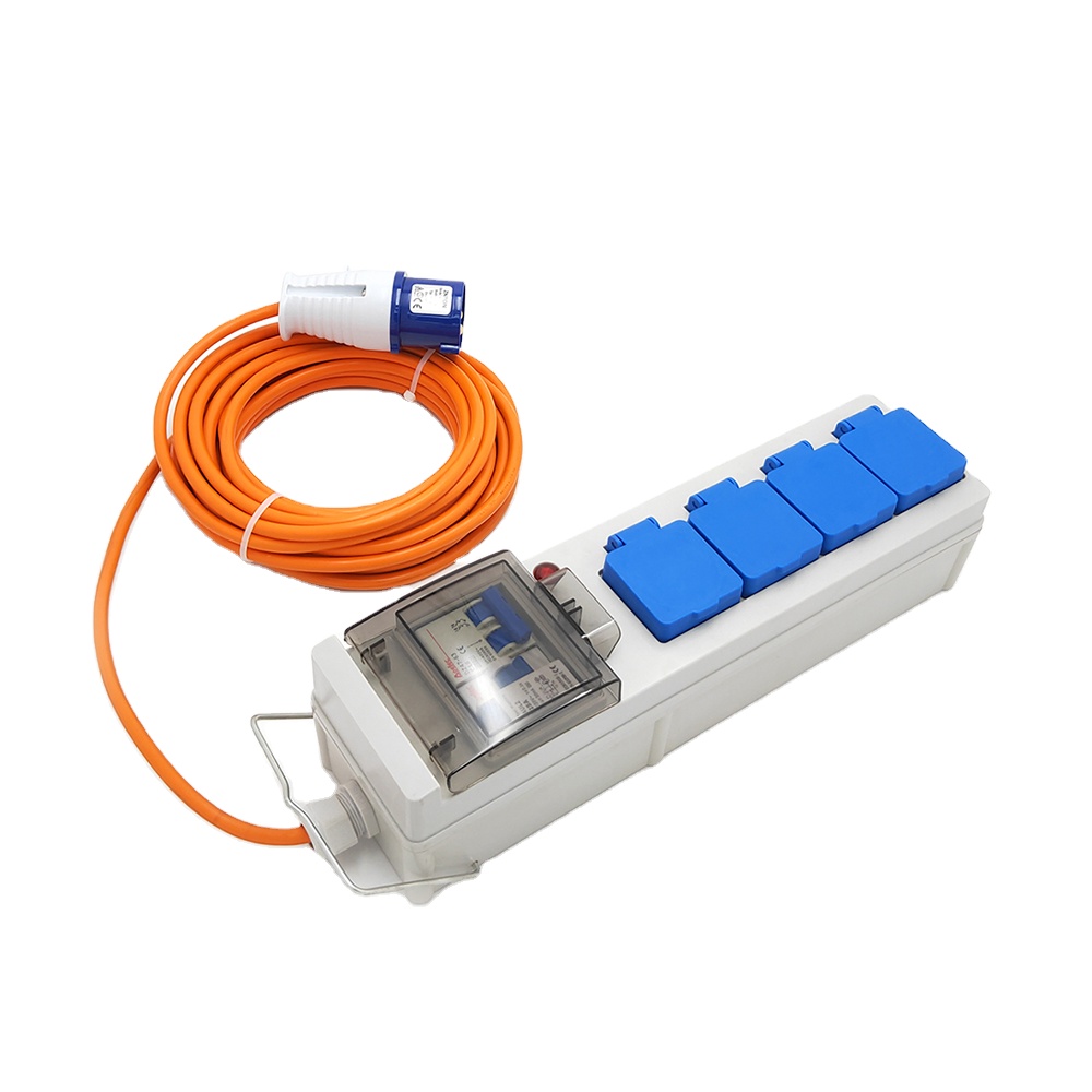 Camping Caravan 4 Way 4 Sockets UK BS Extension Lead Triple Power Unit with RCD MCB and 15m Orange H05VV-F 3*1.5mm Cable