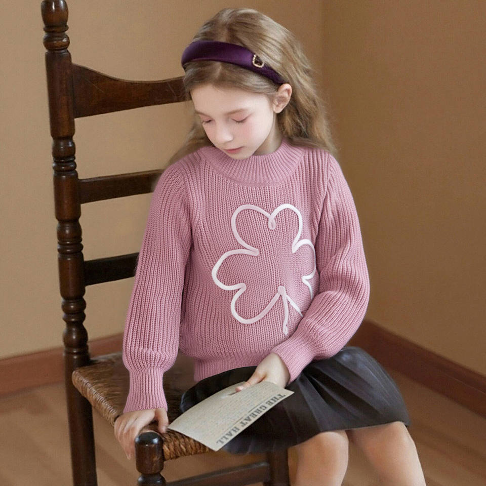Girls Pink Crewneck Letter Sweater