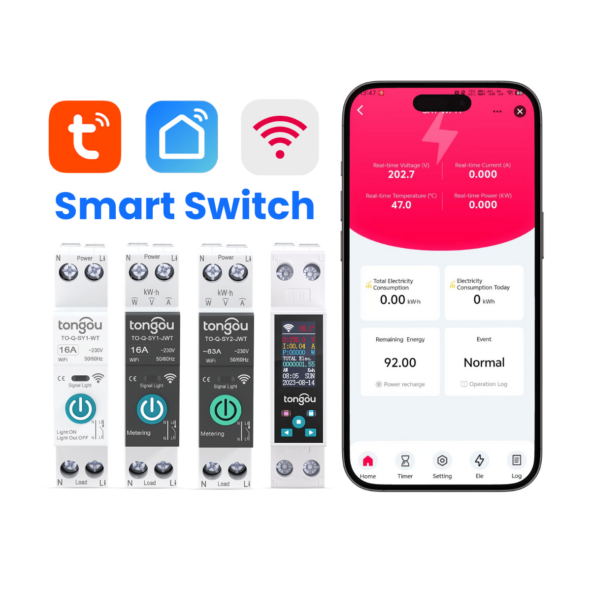 63A TUYA WiFi Relay Switch Smart Circuit Breaker Over Current Under Voltage Protection Power Metering Remote Control TONGOU