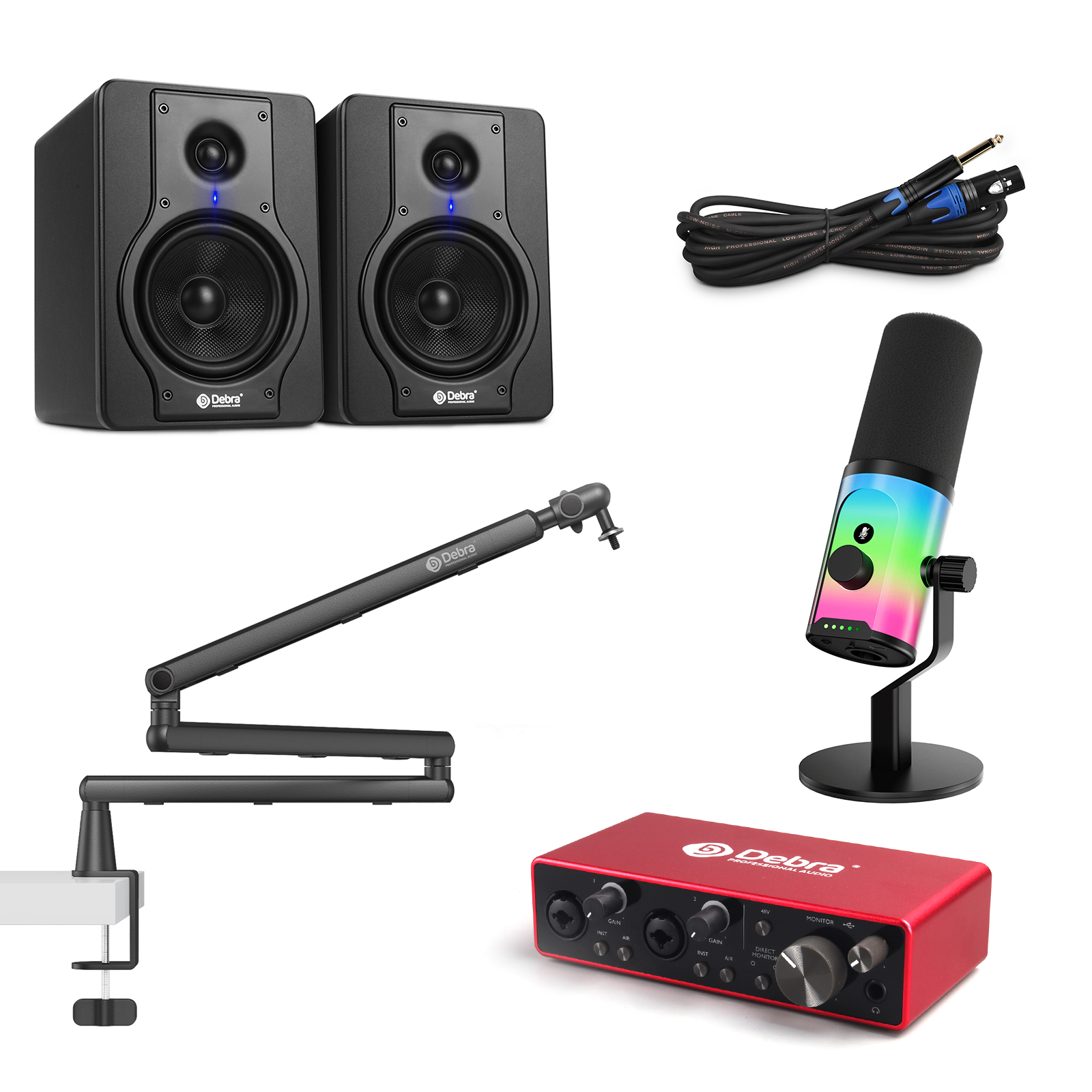 Debra Professional Condenser Studio Microphone 2e2 Monitor Speakers Headphone Vlogging USB Audio Interface Sound Card Kit