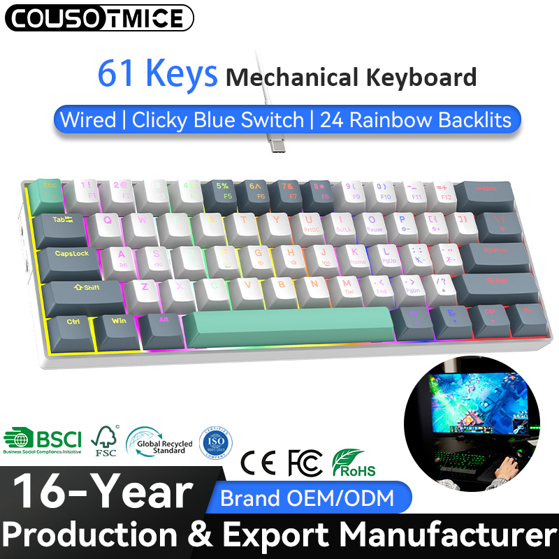 AMZ Hot Sale 60 Percent Mechanical Keyboard 60% Mini Portable Computer Compact Gamer Keyboard Blue Switch Gaming Keyboard RK61