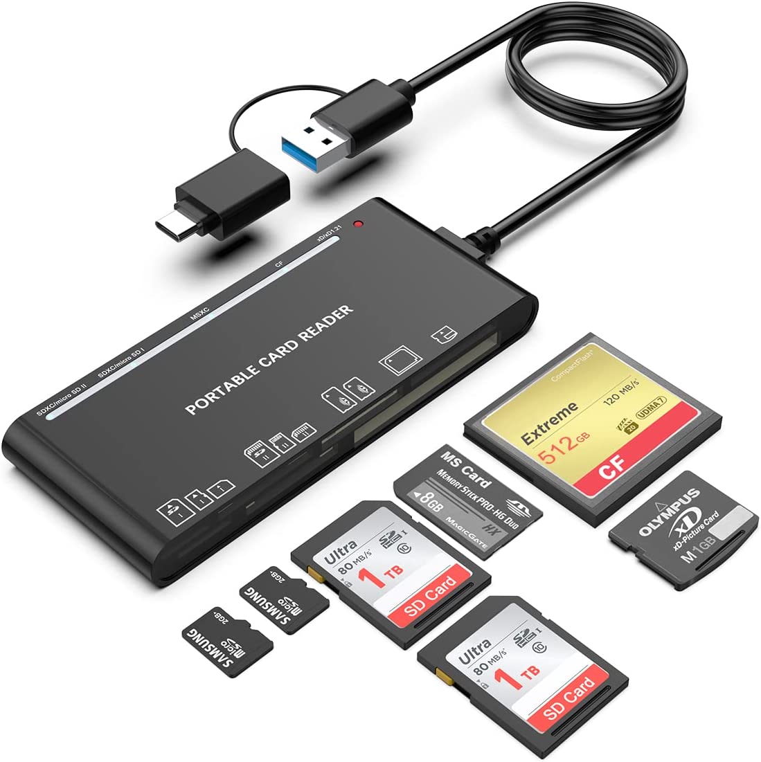 7 in 1 Multi Memory Card Reader - USB C Lighting USB3.0 Multi Card Reader for TF CF Card Reader Adapter for Phone