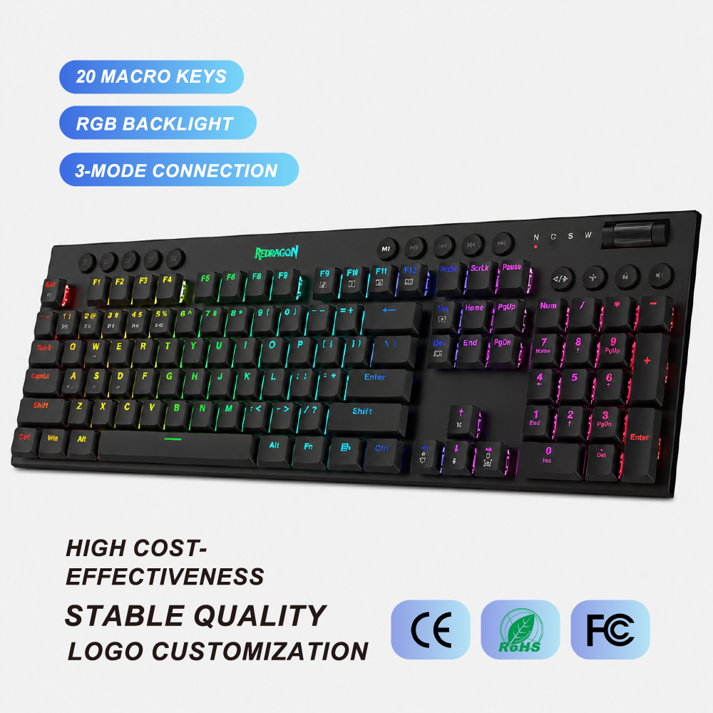 LOE MOQ 2.4Ghz Wireless Mechanical Keyboard Ergonomic RGB Mechanical Keyboard Compact Full Size Gaming Keyboard