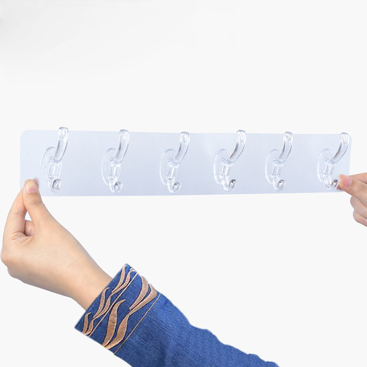 Household Transparent Row Wall Hook Wall Mounted Plastic Sticky Hooks Kitchen Non Punching Trackless Wall Hook