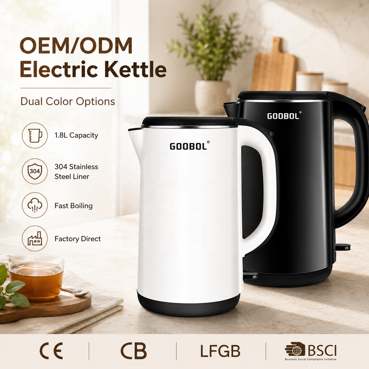 1.8L Stainless Steel Electric Kettle 1500W Auto Shut-Off 360° Cordless Fast Boil Multi-Color OEM Available