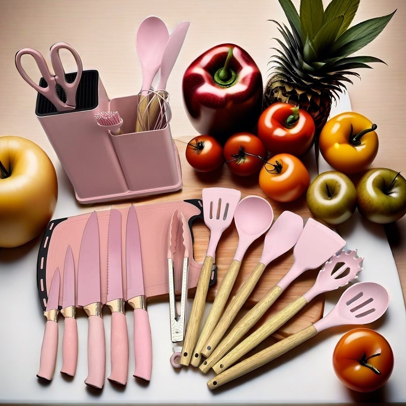 Factory Direct 19pcs Silicone and Steel Kitchen Utensils Set 19pcs Stainless Steel Knife with Wooden Handle Kitchen Tool Set
