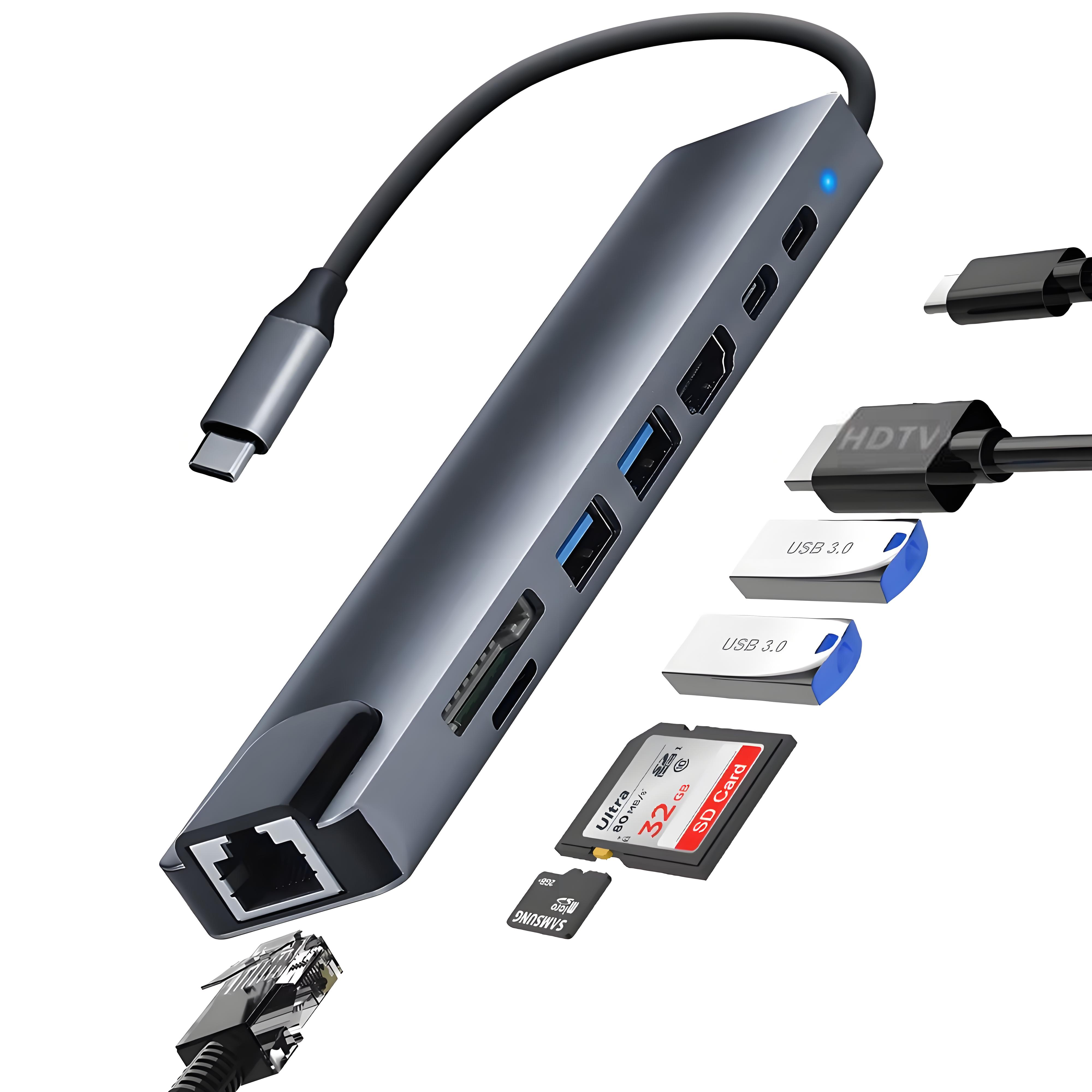 Mindpure 8 in 1 USB C Hub 100W PD RJ45 Ethernet 4K SD TF Card Reader Type-C Docking Station for MacBook Pro iPad Surface Laptop