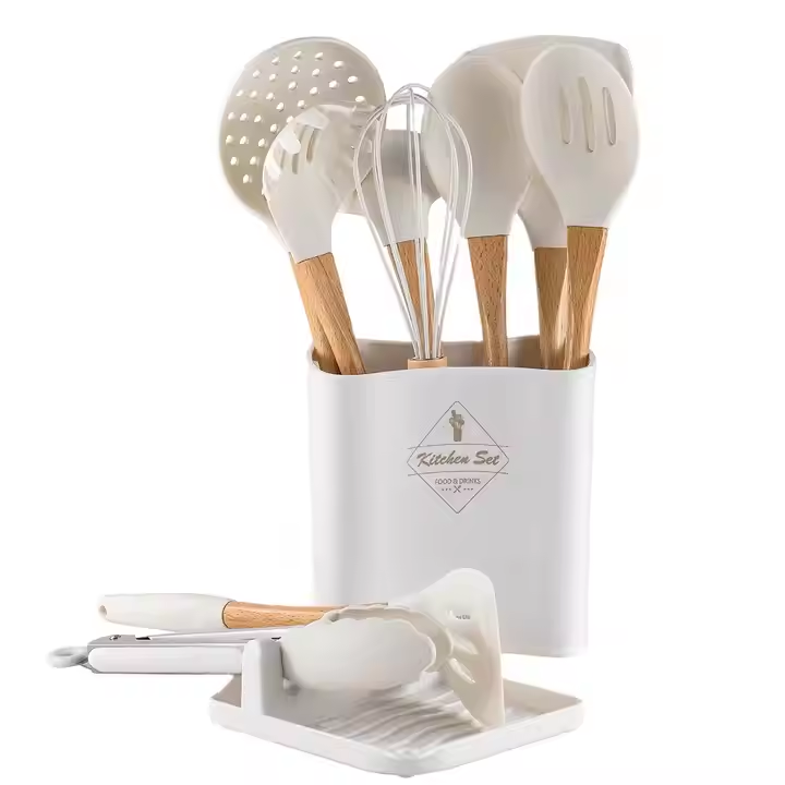 13-Pcs Silicone Kitchen Utensils Set Wooden Handle Non-Stick Heat Resistant BPA-Free Cookware Stirring Spatula Spoon