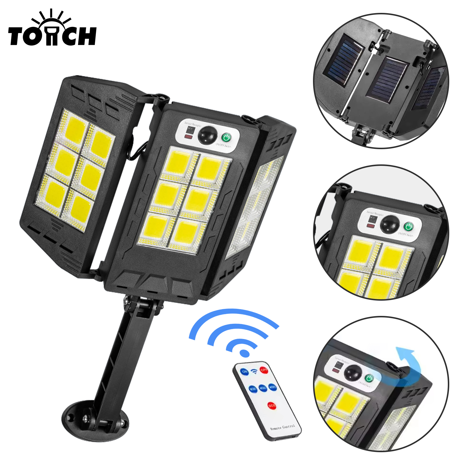 Solar LED Foldable Flood Light Remote Control Light Sensor Outdoor Wall Mount Portable Emergency Camping Street Light