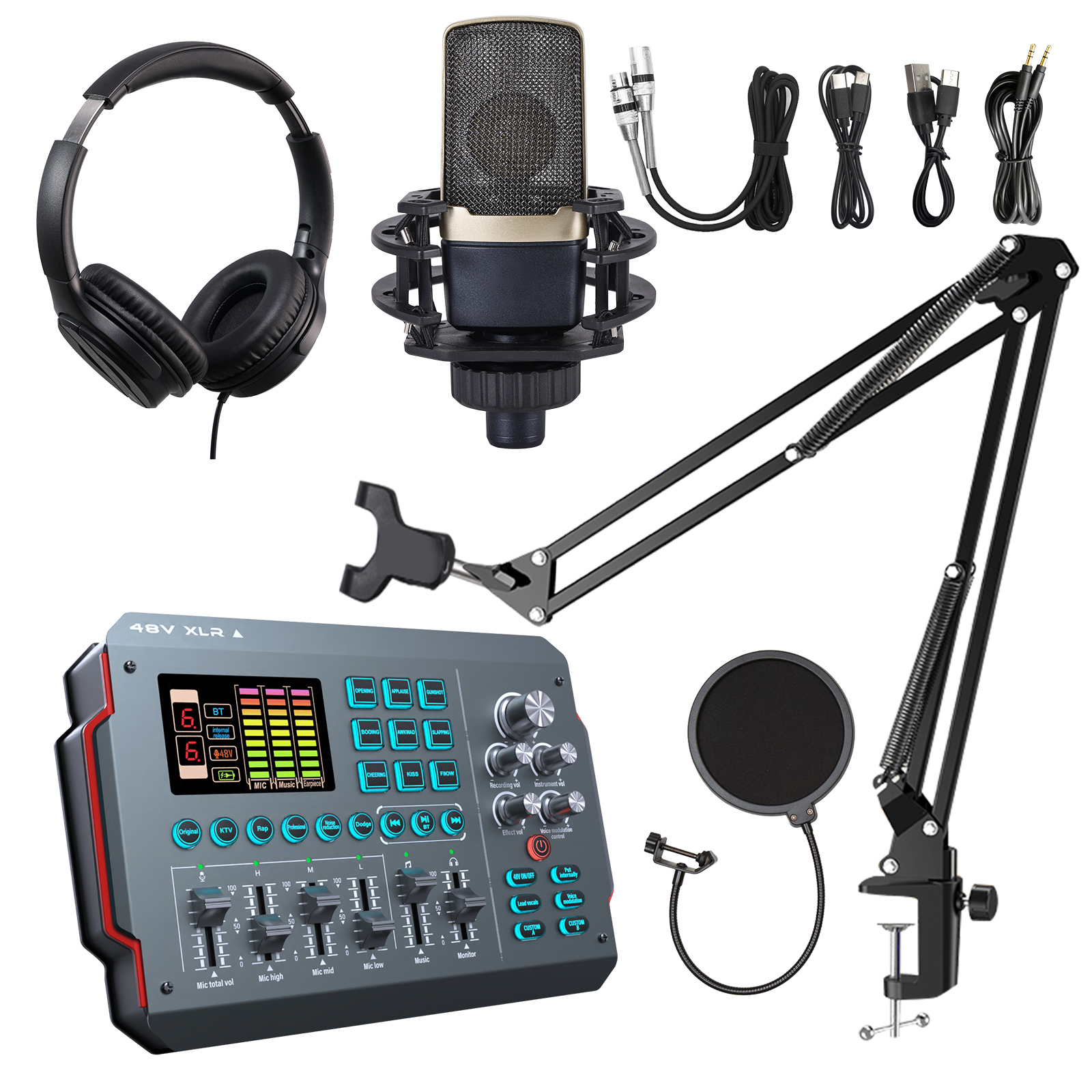 Huayi Voice M16 RGB PC Sound Card Podcast Audio Interface Podcast Microphone Headset Soundcard Podcast Equipment Kit for Live
