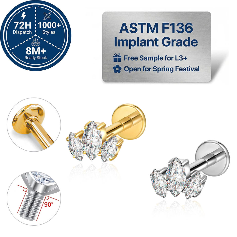 Титановый пирсинг 18K Gold & Zircon