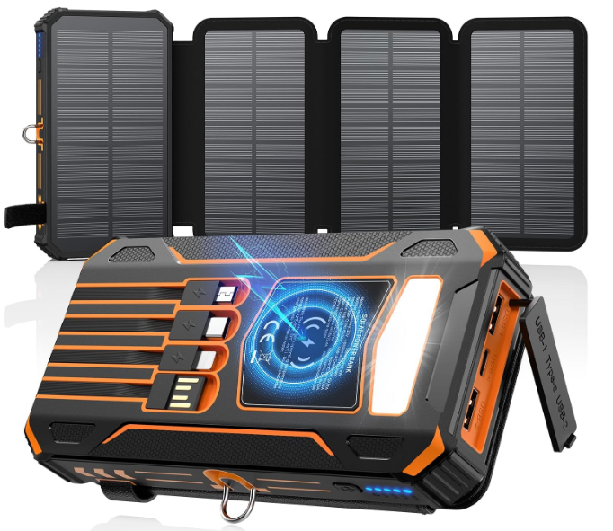 Solar Charger Power Bank 48000mAh Wireless Portable Charger Built-in 4 Cables and 4 Solar Panels