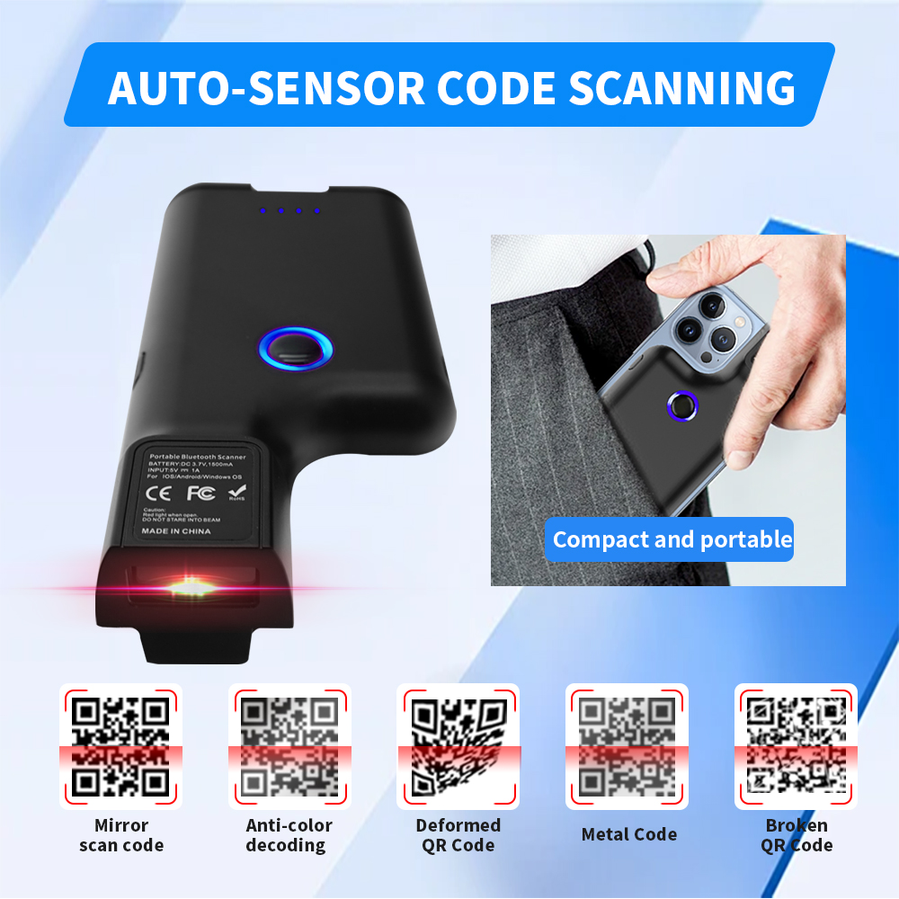 JR-101DC 1D 2D QR Code Reader Portable Back Clip Wireless Bluetooth Barcode Scanner One-Hand Operation Multifunctional