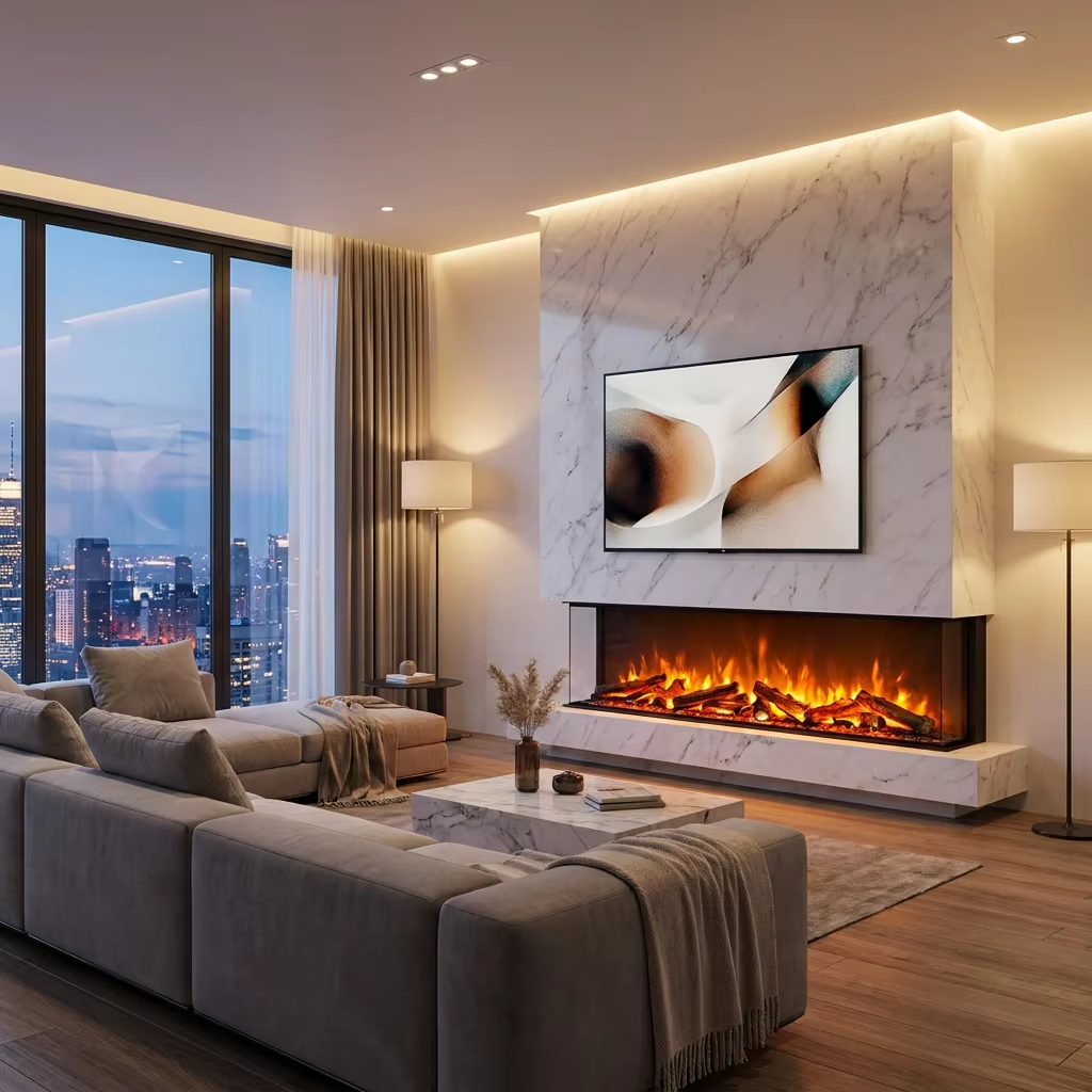 Customizable 60-Inch 3-Sided Electric Fireplace With Tempered Glass Insert High Quality Flame Color Options for Household Use