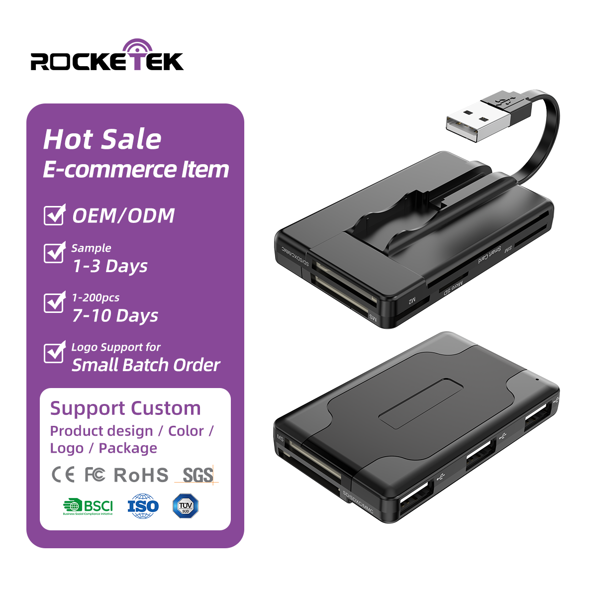 8-in-1 Hub USB 2.0 Card Reader TF SD SIM SM/M2 Smart Card Reader Suitable for Windosws/Mac/Linux/Keyboard/Mouse/USB Flash Drive