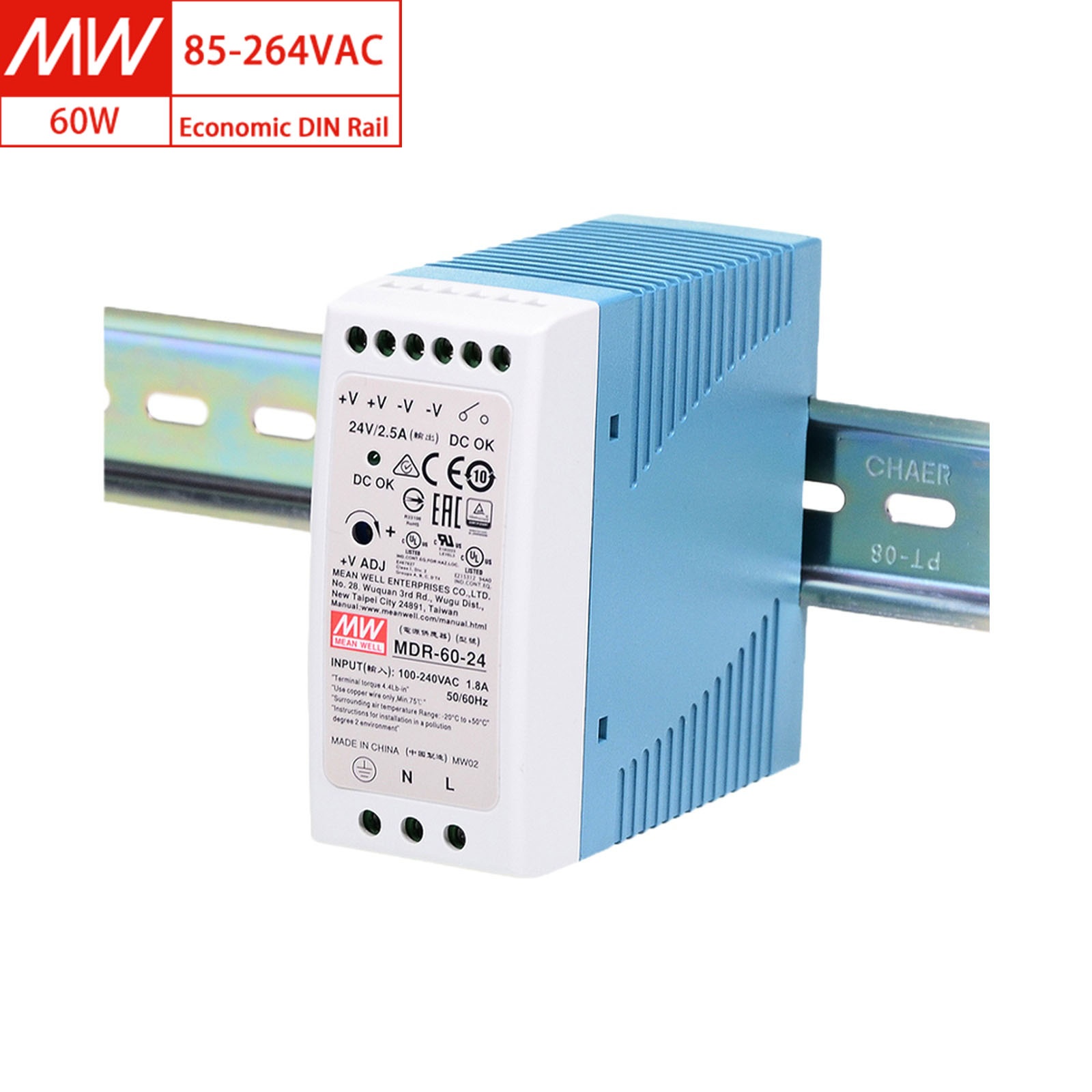 MEAN WELL MDR-60-5 MDR-60-12 MDR-60-24 MDR-60-48 60W 5V 12V 24V 48V ,85-264VAC Input, Economic Industrial DIN Rail Power Supply