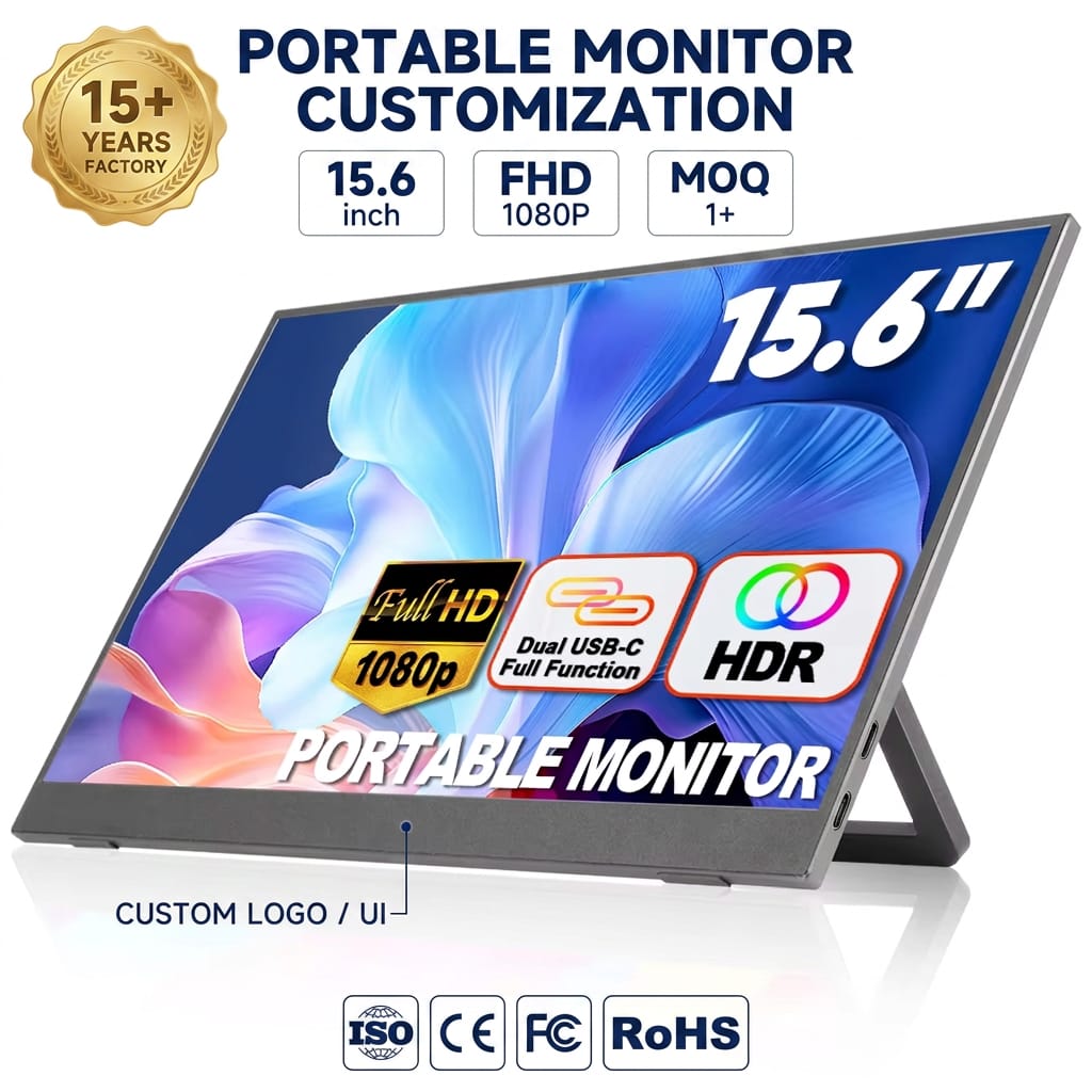 Portable Monitor for Laptop 15.6 Inch FHD 1080P IPS Eye Care Screen with Stand 180 Adjustable Dual Speaker Travel Monitor