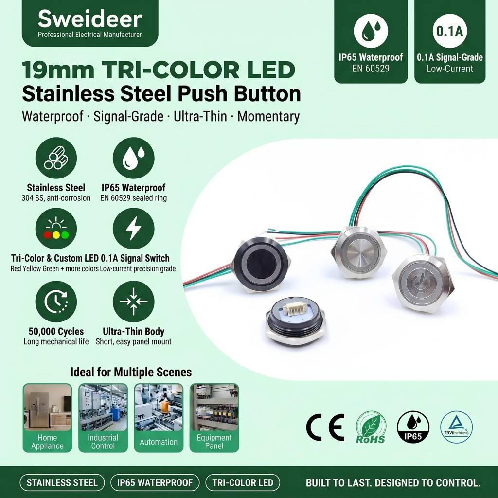 19mm Tri Color LED Stainless Steel Short Ultrathin Switch with Cable Waterproof Momentary Mini Black Metal Push Button Switches