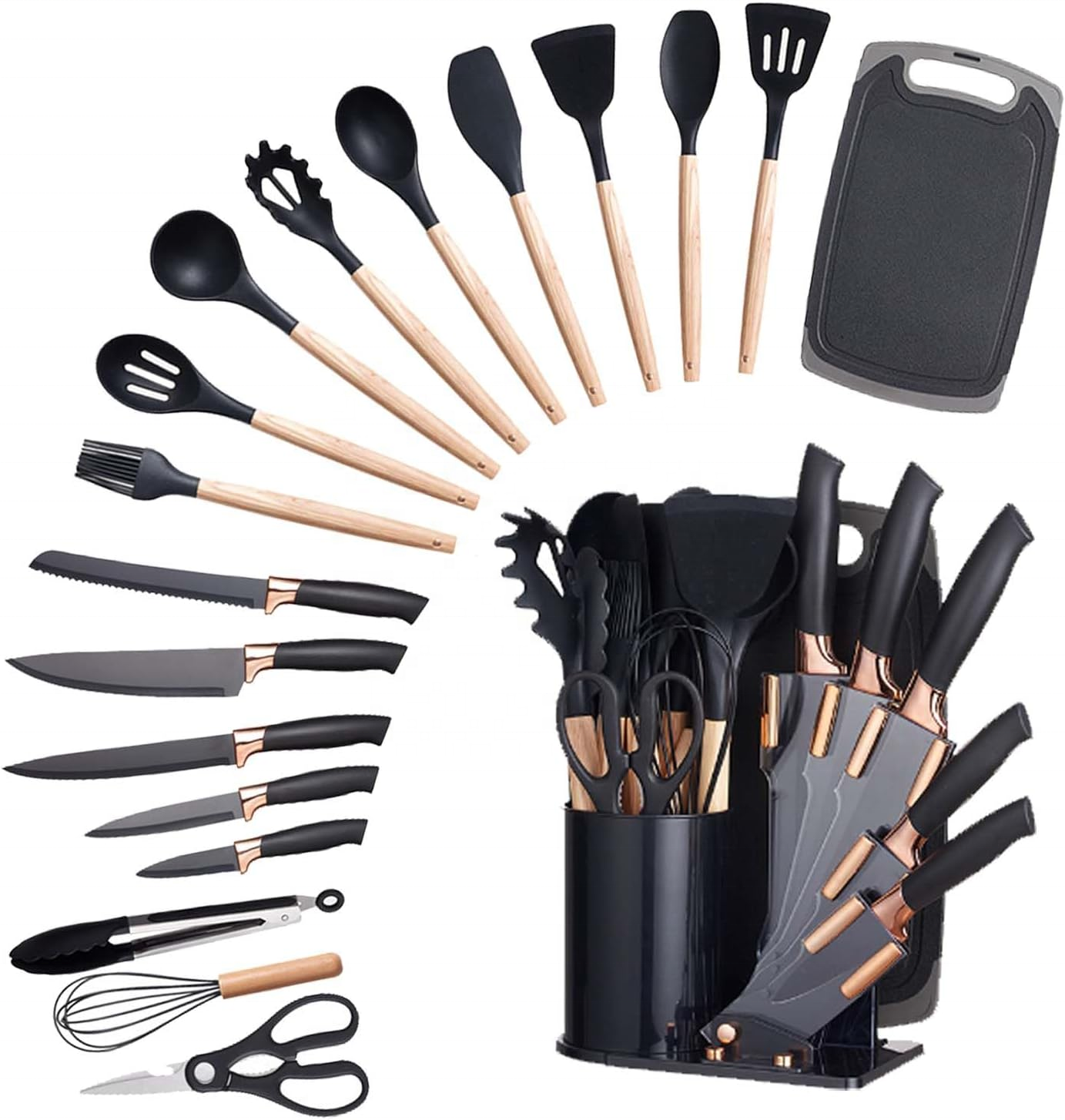 Kitchen Utensils Set, 19 Piece Stainless Steel Kitchen Knife Set, Silicone Cookware with Wooden Handle for Home Kitchen