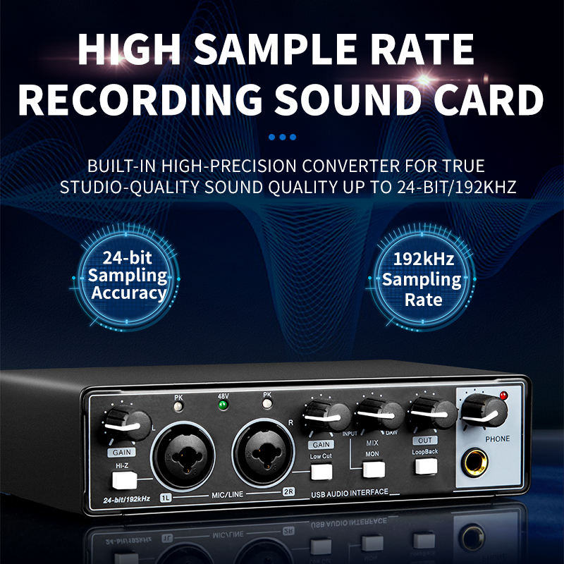 Professional 2 Channel  USB Professional Studio Sound Card Recording 24 Bit 192Khz Audio Interface for Live Streaming