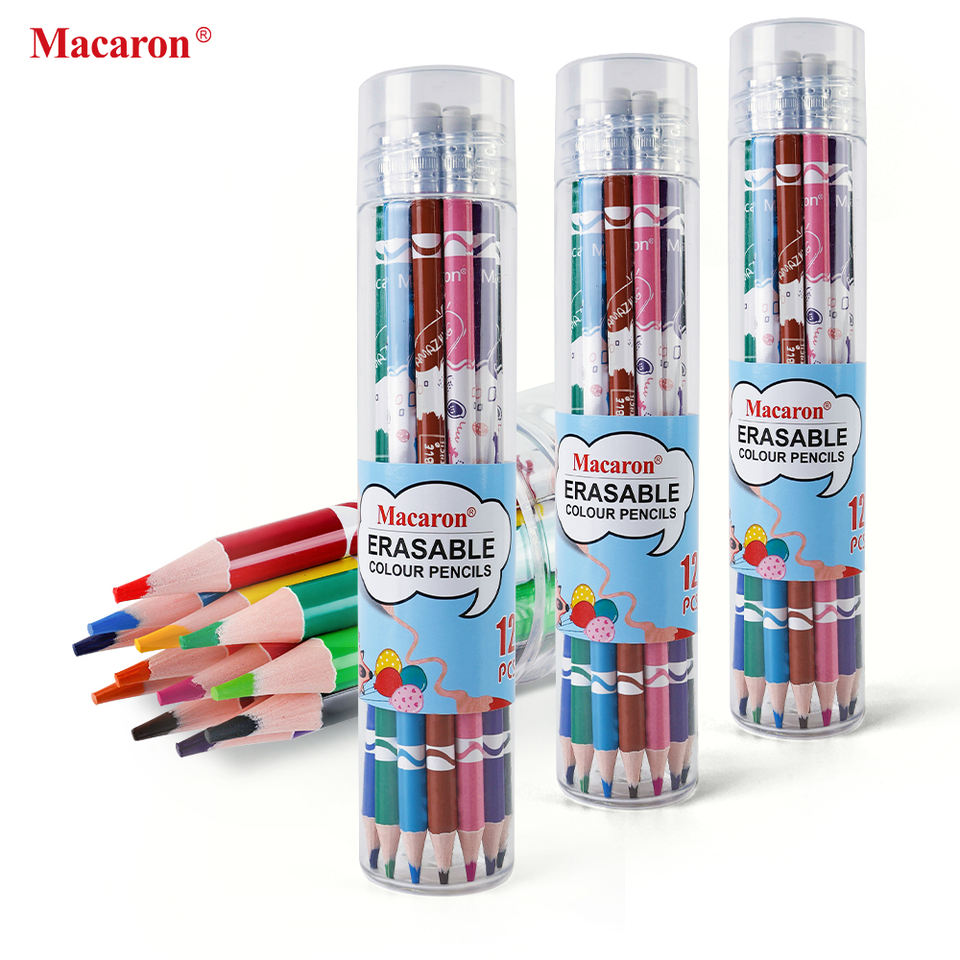 Набор карандашей для рисования макарон, 12 шт., профессиональные стираемые цветные карандаши с ластиком, цветные карандаши для детей на заказ